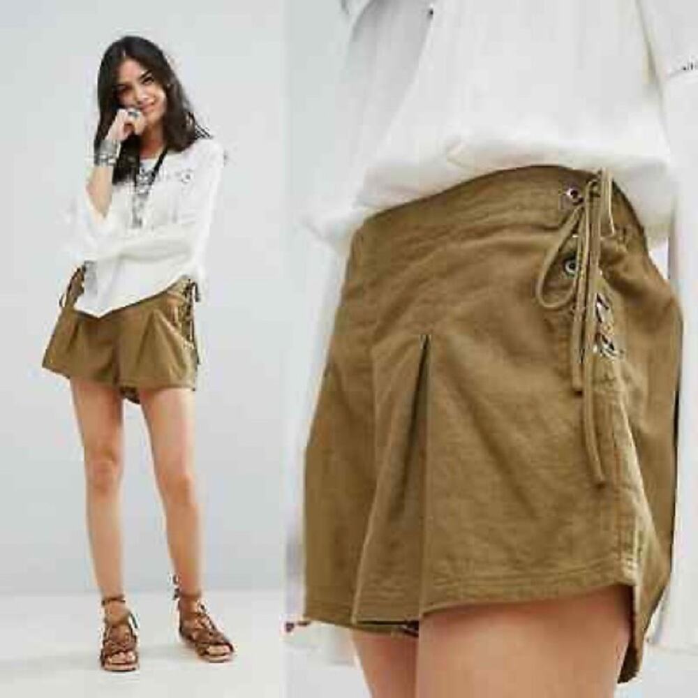 Free People Silver Springs Army Green Side Tie Linen Shorts Size XS